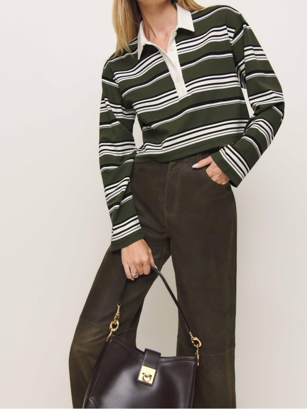 Reformation | Anna Rugby Cropped Long Sleeve Shirt | Green Stripe | Size Small